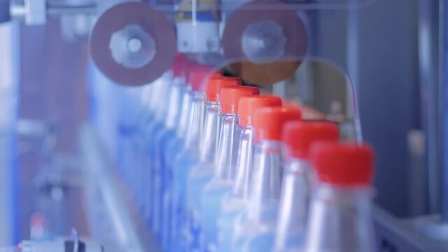 Close up view: conveyor belt of bottle shrink sleeve labeling machine with empty plastic bottles for lemonade at plastic packaging exhibition, factory, plant: demonstration mode - production line