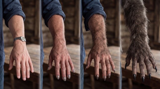 sequence showing human arm morphing step by step into a hairy werewolf monster claw