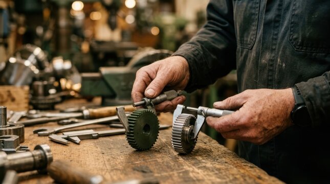 Engineer using micrometers to compare printed polymer gears and precision machined gears in a workshop quality check.