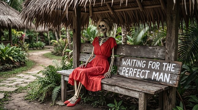 Human skeleton in a red dress sitting on a wooden bench with a funny sign in a garden.