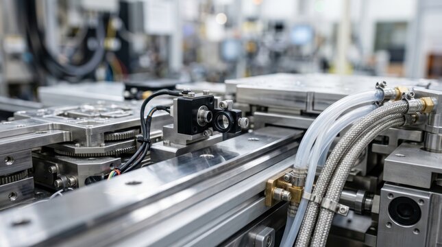 Precision lithography module with mirror-polished rails, laser alignment sensors and coolant tubes in a semiconductor fabrication setting.