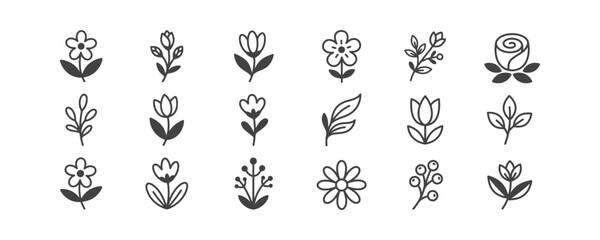Obraz premium A collection of simple line art flower and leaf icons arranged in a clean grid layout