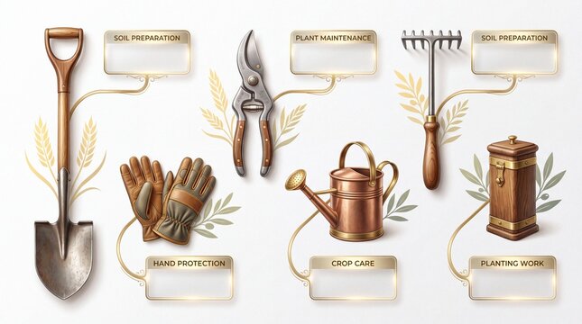Gardening tools infographic template. Features shovel gloves pruner watering can rake and wooden box with labeled text boxes on white background