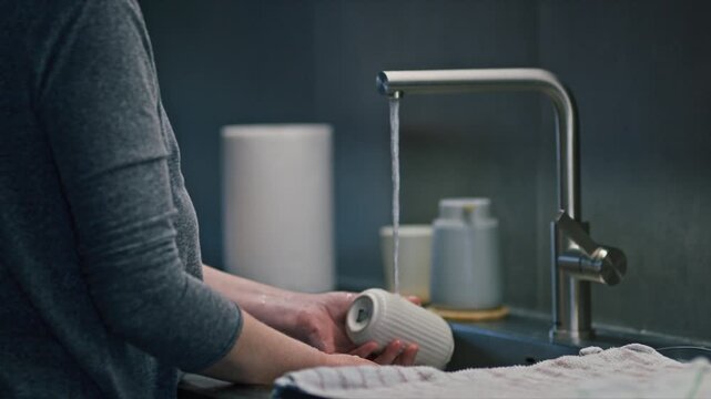 Hands cleaning kitchenware under running water, home hygiene and daily household chore, 4K