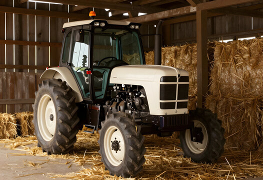 Modern agriculture and farming equipment, white tractor parked inside a rustic wooden barn with hay bales for harvest season and rural food production
