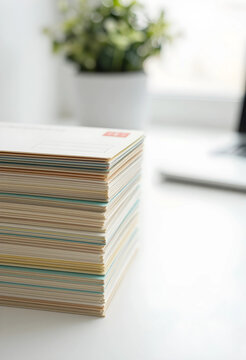 Communication and correspondence, stack of blank postcards on a desk for direct mail marketing or personal stationery design in a bright home office