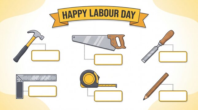 Labour Day infographic vector template. Hand tools collection including hammer hand saw chisel square ruler tape measure and pencil. Blank labels