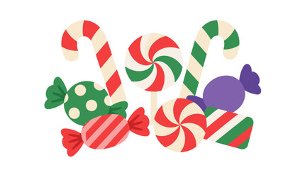 Naklejka premium Colorful Christmas candies with peppermint stripes and swirl lollipops