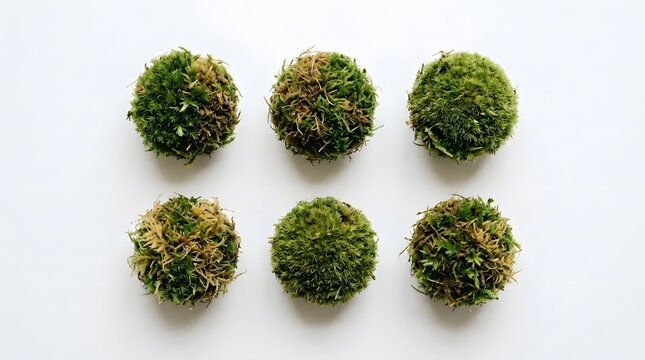 Moss balls decorative spheres arranged in symmetrical grid on clean white background for interior.