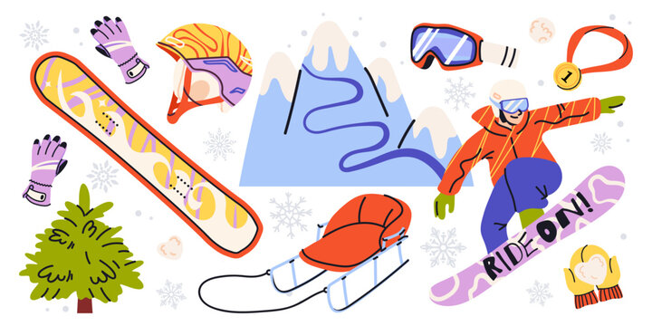 Cute  snowboarding equipment set in cartoon style with snowboard, goggles, helmet, gloves, winter gear and a snowboarder riding in the mountains. Colorful vector illustrations for winter sports design