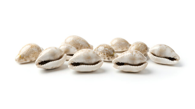 A collection of small, spotted cowrie seashells arranged in a group on a plain white background, showing natural beige and brown patterns