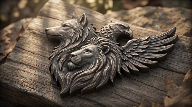 Three dimensional carved animal emblem featuring wolf lion and eagle symbols on rustic wooden background