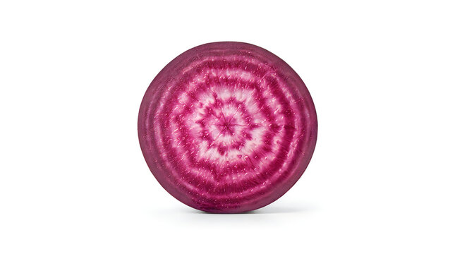 A single, circular slice of raw red beet showing concentric rings of deep magenta and white, isolated on a plain white background