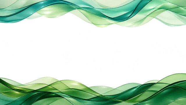 Clean white background framed with flowing emerald green liquid glass waves on top and bottom. generated by AI.