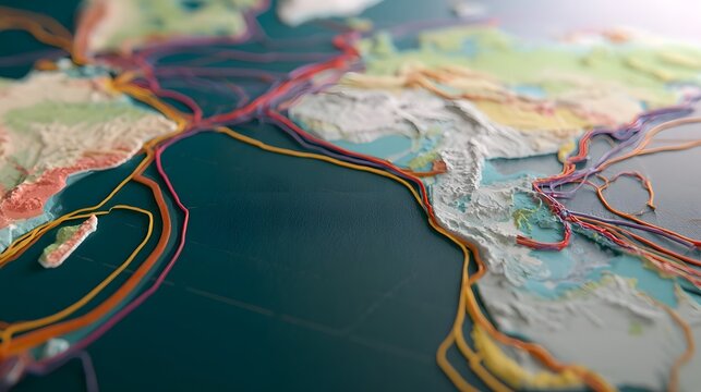 Close up view of tectonic plate boundaries with colorful lines illustrating geological activity on a textured map surface