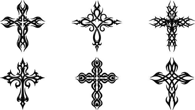 Set of black and white tribal cross vector tattoo designs with illustration christian religious collection silhouette ornament abstracts stickers devotion