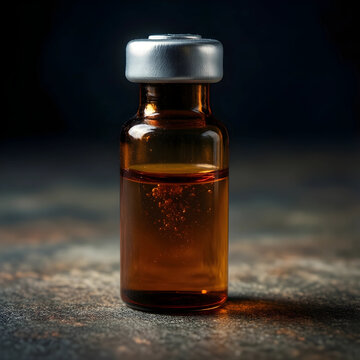 Vaccination and healthcare research, medical vial with amber liquid for pharmaceutical development and clinical trial testing on a dark textured surface