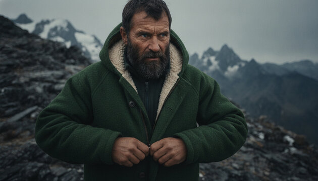 Bearded man in green jacket on rocky mountain terrain