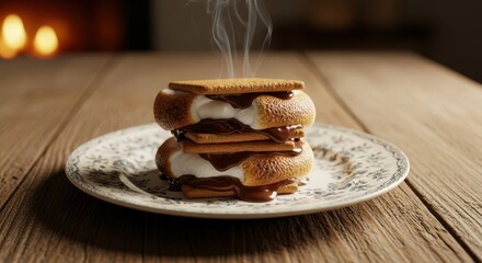 Fototapeta premium Stacked toasted s'mores marshmallow and chocolate sandwich on plate