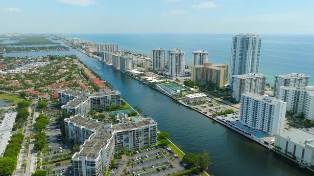 Aerial View of Hollywood Beach Florida Coastline With Waterfront Condos, Canal and Ocean Skyline