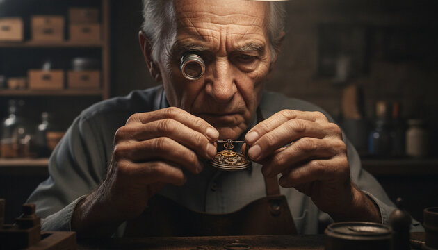Elderly watchmaker inspecting pocket watch with magnifier