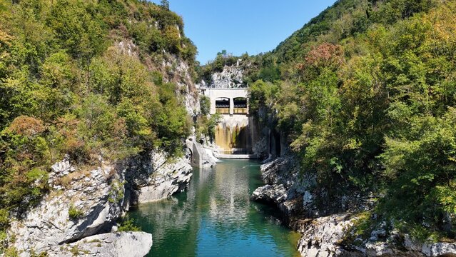 Dam on the Soča River (Isonzo) near Tolmin in Slovenia.
The waters of the Soča River flow between the rocks of the Slovenian mountains.