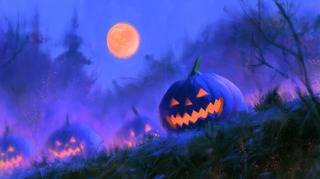 Spooky blue Halloween jack o lanterns glowing under orange full moon in misty night field illustration