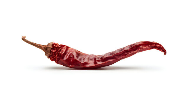 Single dried red chili pepper with wrinkled skin and brown stem, isolated on white background, spice