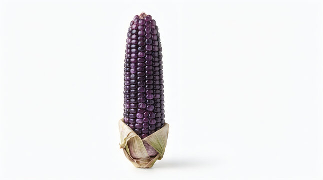 Single ear of dark purple corn with kernels, standing upright on a plain white background, with dried light, green husks at, the base