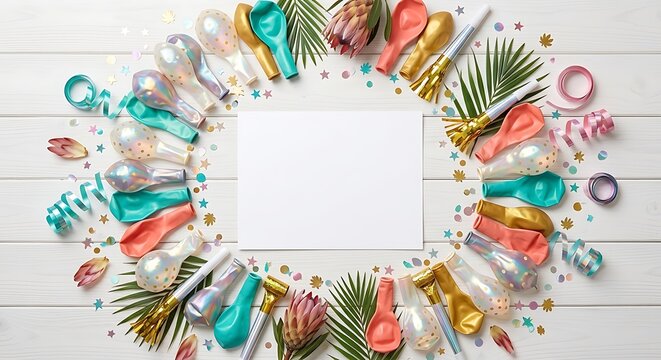 Colorful balloons confetti and tropical leaves surround a blank white card
