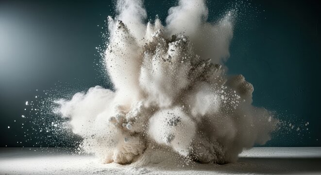 Explosive white dust cloud dynamic motion freeze against dark background
