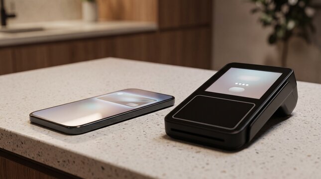 Digital point of sale terminal sits next to a modern smartphone on a speckled countertop for wireless contactless financial payments