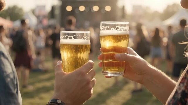 People holding glasses of beer toasting at an outdoor music festival concert hands drinks alcohol cheers toast hands drinks alcohol cheers toast