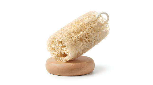 Cylindrical natural loofah sponge with a white loop, resting on a smooth round wooden base against a white background