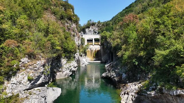 Dam on the Soča River (Isonzo) near Tolmin in Slovenia.
The waters of the Soča River flow between the rocks of the Slovenian mountains.
