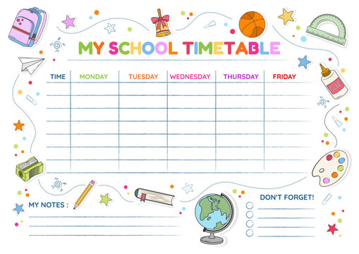 School Timetable and Weekly Planner Template for Kids with Hand Drawn Doodle Icons