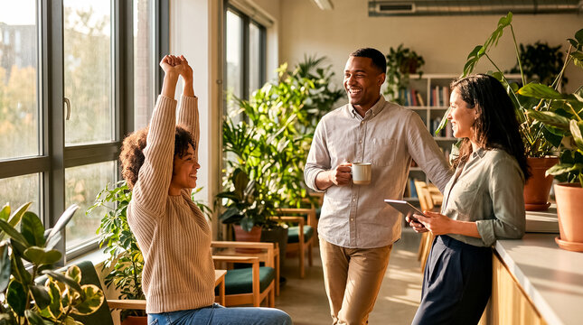 Three people in a bright, plant-filled office enjoying a moment of calm and connection. One person stretches, while the other two chat and hold drinks and a tablet.