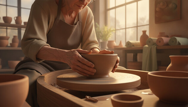 Potter shaping clay on spinning wheel in studio
