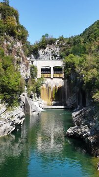 Dam on the Soča River (Isonzo) near Tolmin in Slovenia.
The waters of the Soča River flow between the rocks of the Slovenian mountains.