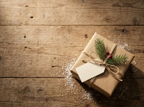 Rustic Christmas Gift Wrapped with Natural Decor on Wooden Table