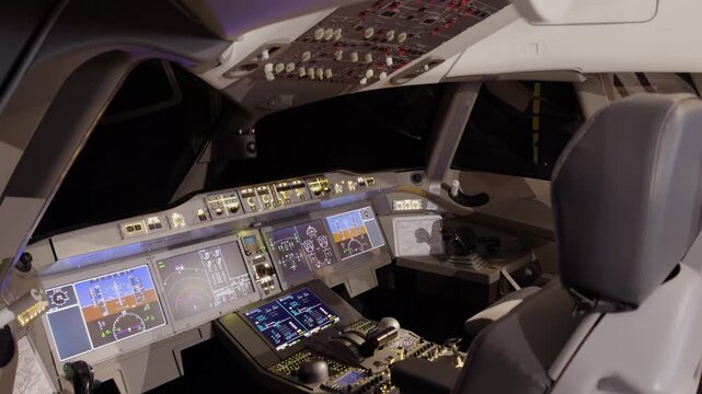 Modern commercial airplane cockpit interior with illuminated avionics