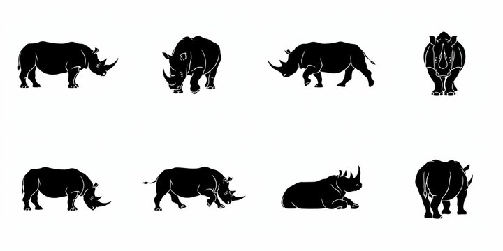 8 Rhino silhouettes in various poses, side view, front view, sleeping. Vector set for logo, design, t-shirt print, emblem, safari theme, wildlife illustration in black.