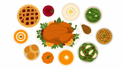 Fototapeta premium Roast turkey with holiday side dishes and desserts for festive celebration