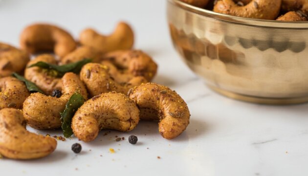 Roasted cashews with curry leaves and black peppercorns on a white marble surface next to a golden bowl, ready for snacking
