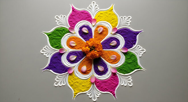 A vibrant and colorful rangoli design celebrating the festival of lights