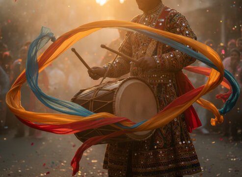 Dhol drummer playing traditional Indian percussion instrument with colorful ribbons in a vibrant cultural celebration, concept of cultural celebration and festive music