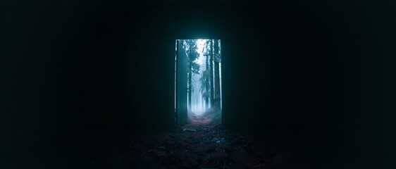 Obraz premium Vertical glowing portal reveals a misty forest at night