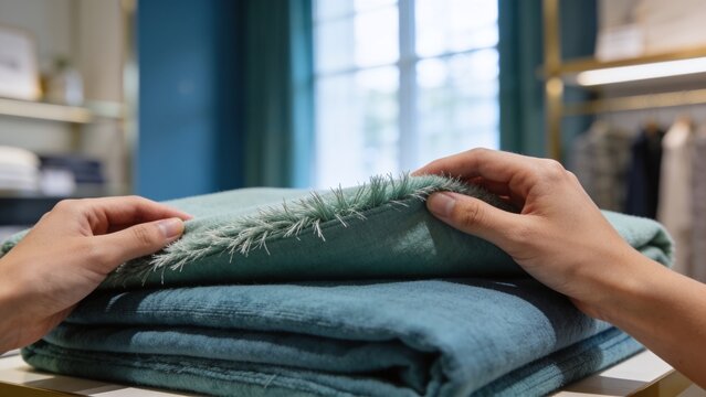 Generative AI showing hands folding a stack of neatly arranged blue fabric