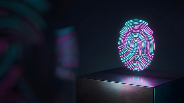 3D Glowing Neon Fingerprint Hologram on Podium for Cyber Security Concept