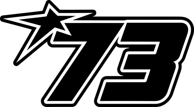 Bold black 73 number typography with star emblem vector illustration
